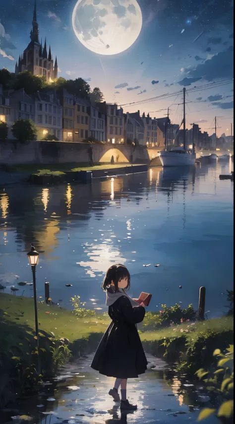 Create a masterpiece image set in Mont Saint-Michel and its bay at night。The scene is enveloped in the soft glow of moonlight、Cast long shadows、Illuminate the ancient architecture of the monastery。This girl is beautiful and adorable。She was exploring the h...