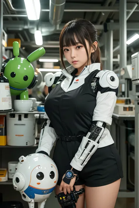 masterpiece, best quality, extremely detailed,portrait, Japanese android girl,Plump,a bit chubby,control panels,robot arms,robot,android,cyborg,white robot body,blunt bangs,robot repair plant,black knee high socks,