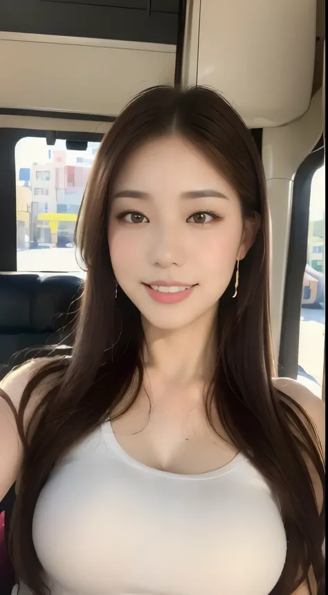 ((highest quality, 8k, masterpiece :1.3)), One girl, Selfie, close, Affectionate smile, Slim face, Beautiful woman, (Dark brown hair), Big Breasts:1.3,White T-shirt, Highly detailed face, Fine grain, double eyelid,  Blur the background, Slim face, city, In...