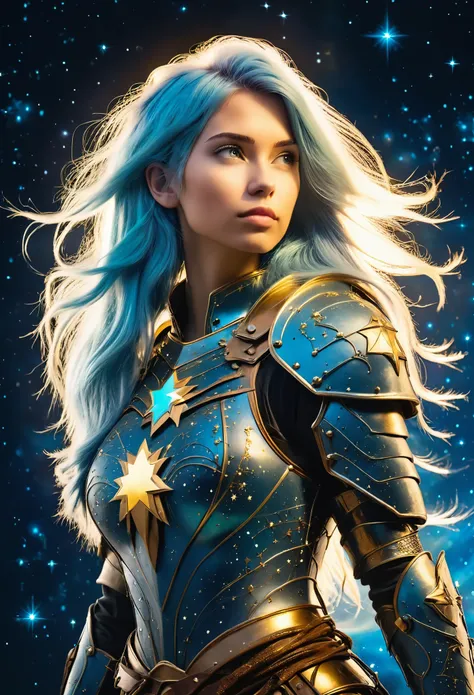 a stylized young caucasian woman warrior ((silhouette)) formed by bright stars. with straight long light blue messy hair. Straight hair. medieval golden intricate armor. Cosmic background.