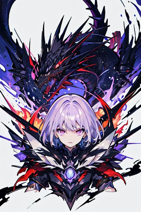 ((highest quality)), ((masterpiece)), (detailed), Perfect face, light purple hair，short hair，Sharp Claws，Sharp Armor，False，Black dragon on background，Blue flames surround her，Purple eyes