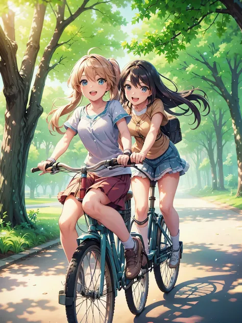 In a peaceful park setting, two anime teens with contrasting styles and personalities ride a vintage bicycle, their laughter echoing through the trees as they enjoy a carefree afternoon together.