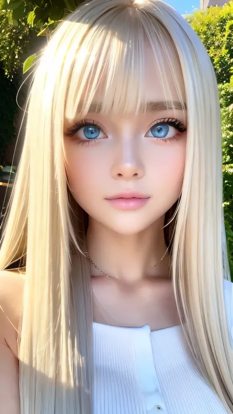 Very beautiful shiny pretty face、Beautiful shiny white skin、Glowing cheek highlight、Beautiful cute sexy pale blue eyes、hair over eyes、hair over one eye、hair between eyes、Big double eyelid eyes、Beautiful very long shiny silky pale blonde straight hair、Sexy ...