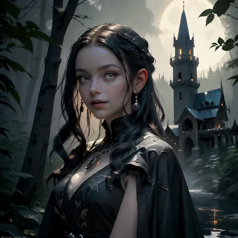 ((best quality)), ((masterpiece)), (detailed), portrait of Elara, a young woman with an aura of both mystery and amusement, captivating the viewer with her direct gaze.  She stands on a precarious, moss-covered bridge spanning a dark, mist-shrouded river i...