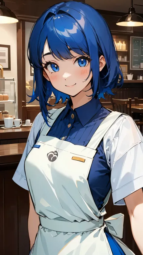 1 Girl、Dark blue hair、blue eyes、smile、White blouse、Blue Skirt、Upper body close-up、Apron appearance、((indoor、morning、Cafe))、Sharp contours、Detailed background