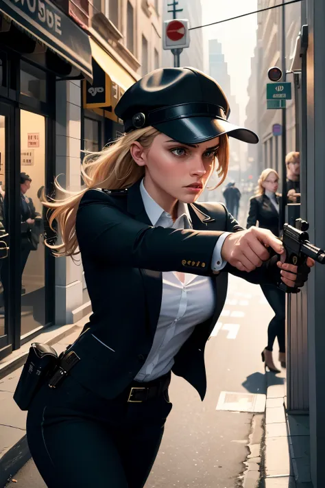 a girl police detective shoots her gun, bank robbery, street, bank exit, robbers, female detective shooting, a detective shootin...