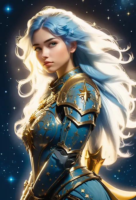 a stylized young caucasian woman warrior ((silhouette)) formed by bright stars. with straight long light blue messy hair. straig...