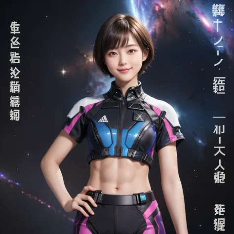 214 Short Hair, 20-year-old woman, A kind smile, Floral, Futuristic clothing, machinery suit, ((Clothes that show abs、Clothes with short sleeves)), (The background is a galaxy and nebula)