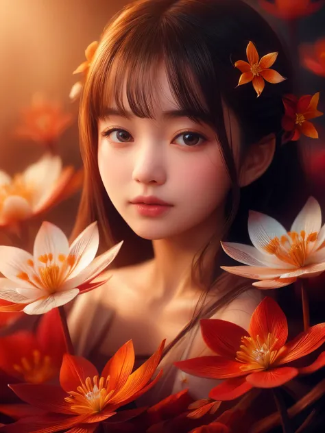 Hyper-realistic portrait of a Japanese girl with Bloodroot flowers, intricate and detailed composition, close-up, shallow depth of field, soft natural lighting, high resolution, accurate representation, unique, creative, well-lit, clear details, Canon EOS ...