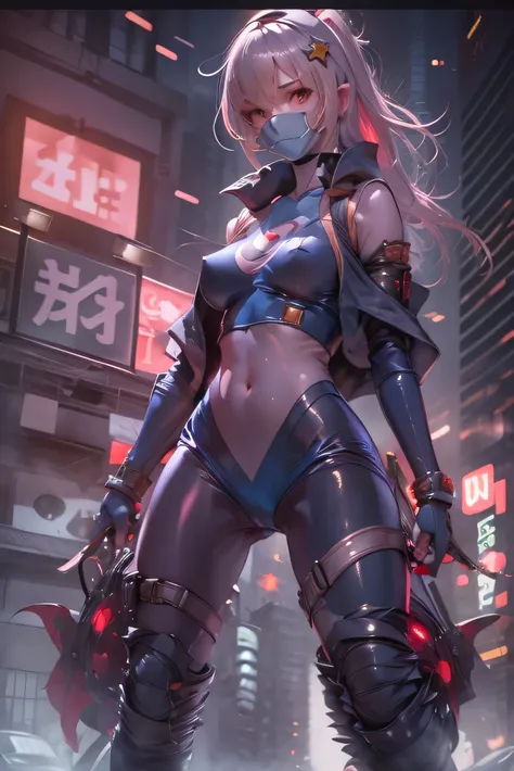 (Photorealistic:1.8, highest quality:1.8,8K masterpiece:1.8,High resolution,Mastepiece:1.8,RAW Photos,Cinematic lighting),No split screen、cyber punk、Back alley of the city、Photo from below、
 (Fighting Android Girl 1:1.3)、Completely naked、choker、Shark theme...