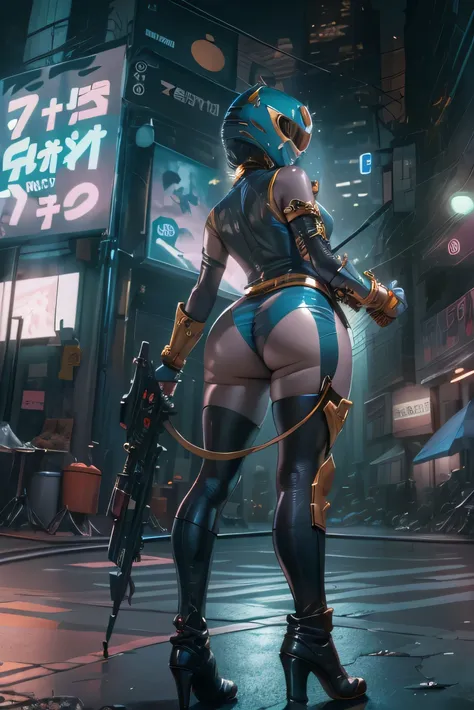 (Photorealistic:1.8, highest quality:1.8,8K masterpiece:1.8,High resolution,Mastepiece:1.8,RAW Photos,Cinematic lighting),No split screen、cyber punk、Back alley of the city、
 (Fighting Android Girl 1:1.3)、Completely naked、choker、Shark themed helmet、armed le...