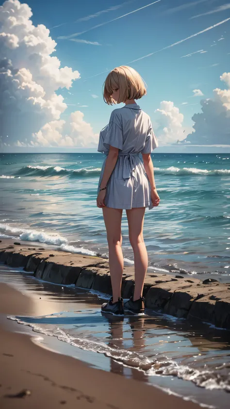 A girl standing alone on a small island in the sea、there is nobody in the island,A girl in her 20s with short blonde hair