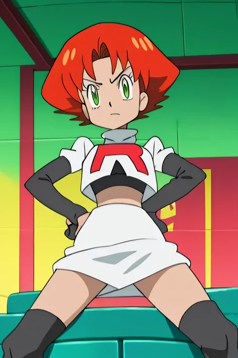 masterpiece,best quality,high res,high quality,8k, masterpiece,highres, team rocket uniform, red letter r, white skirt,white crop top,black thigh-high boots, black elbow gloves, glaring angrily, looking down at viewer, hands on hips, cowboy shot, zettai ry...