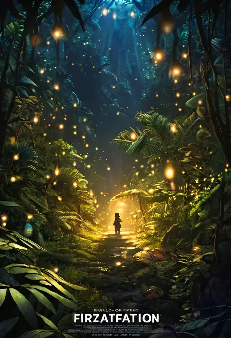 cover page, highres, top quality, best quality, paid reward available, unparalleled masterpiece, perfect artwork, absurdres, High-quality illustrations, super high resolution, detailed background, perfect anatomy (Walking through the firefly-filled jungle ...