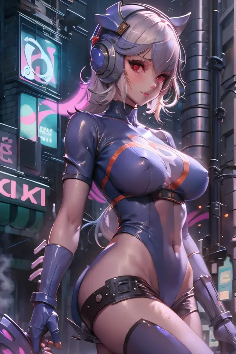 (Photorealistic:1.8, highest quality:1.8,8K masterpiece:1.8,High resolution,Mastepiece:1.8,RAW Photos,Cinematic lighting),No split screen、cyber punk、Back alley of the city、
 (Fighting Android Girl 1:1.3)、Completely naked、choker、Shark themed helmet、High leg...