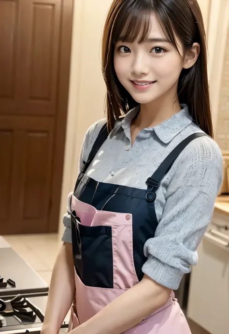 (masterpiece, best quality:1.1), (8k, raw photo, photo realistic:1.2, f22), (shiny skin), detailed skin,long hair,detailed face, detailed eyes, smile,BREAK, real world, intricate details, smil, BREAK, 1girl, (apron,pink), BREAK, (kitchen:1.4), BREAK