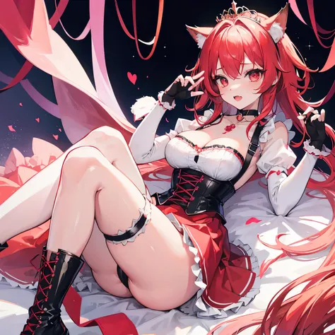 Fox girl,Cat girl,Skinny,breast reduction,lying among colorful flashes, among colorful, soft colours background, stroking own chin,reaching,arm at side,knees together feet apart,red hair,medium hair,ahoge,red eyes,White skin,evil seductive,smug, open mouth...