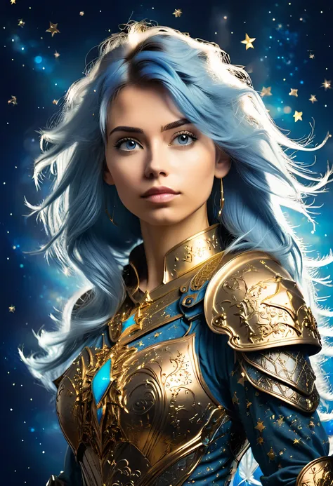 a stylized young caucasian woman warrior ((silhouette)) formed by bright stars. with straight long light blue messy hair. straig...