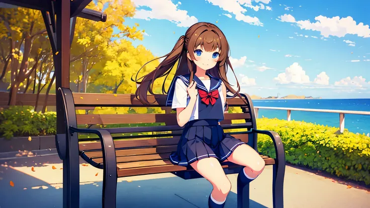 1girl,solo,outdoor,bench,sitting,smile,
 aamanaka,brown_hair,long_hair,blue_eyes,scrunchie,manakauniform mini skirt,sailor_dress,school_uniform,serafuku,sailor_collar,sleeveless,