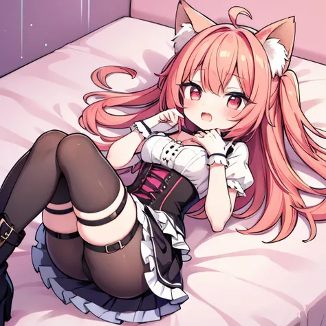 Fox girl,Cat girl,Skinny,breast reduction,lying,laying on colored bed (colorful blankets), stroking own chin,reaching,arm at side,knees together feet apart,red hair,medium hair,ahoge,red eyes,White skin,evil seductive,smug, open mouth, cute anime fangs, su...