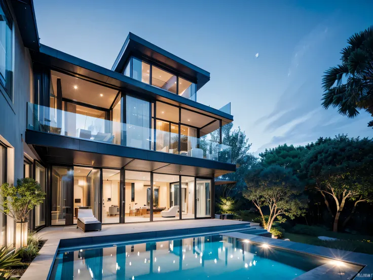 A beautifully designed (((modern house))), with a luxurious (((balcony))) overlooking a sparkling (swimming pool) with clear water and sleek, blue tiling, adorned by elegant lamps on the balcony, all framed by a backdrop of verdant trees, with a stylish (w...