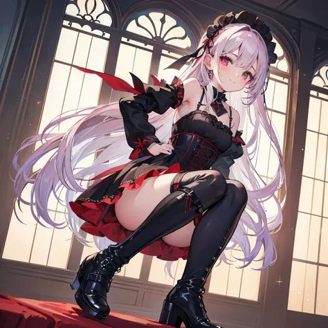 CG muy detallado y realista, vistoso, obra maestra, Mejor calidad, magnificent, ojos como joyas, 1 chica, solo, , , pretty girl, cabello rojo, pelo ondulado, Gothic , ropa blanca y negra, sonrisa, de pie, mano en el cabello, Gothic ribbon, corbata de cinta...