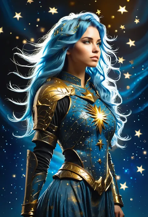 a stylized young caucasian woman warrior ((silhouette)) formed by bright stars. with straight long light blue messy hair. straig...