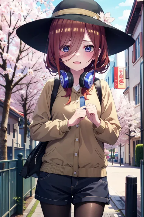 Miku Nakano, Miku Nakano, Long Hair, bangs, blue eyes, brown hair, shirt, Hair between the eyes, smile,blush,Open your mouth,Headphones around neck,オーバサイズチェック柄shirt,Shorts,Black pantyhose,Hunting Hat,short boots,Cherry blossoms are blooming,Cherry blossoms...