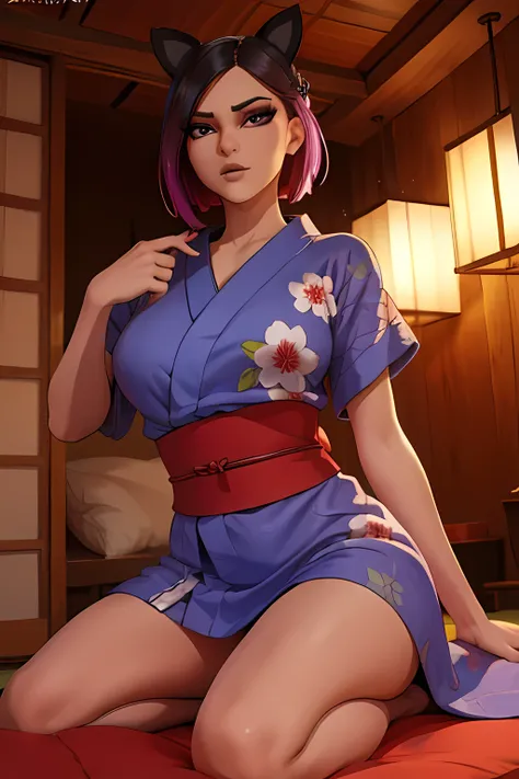 lince , japanese yukata dress , noche ,extremadamente detallado, rostro detallado,hermoso rostro, ojos finos, mirando al especta...