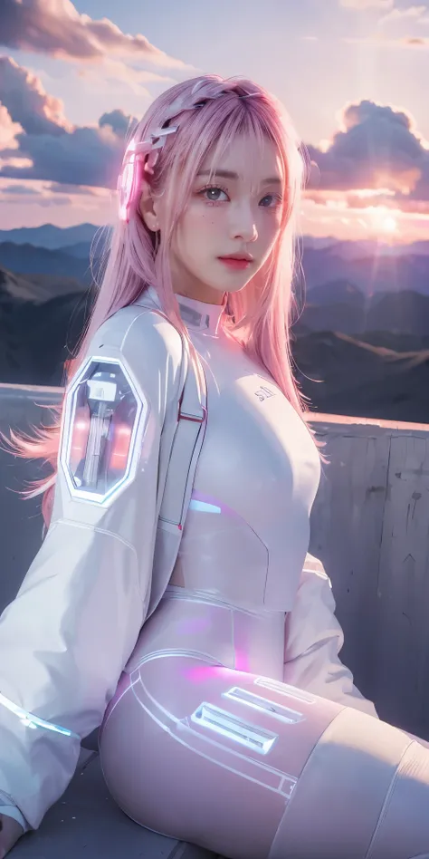 ((masterpiece, best quality, extremely detailed), volumetric lighting, ambient occlusion, colorful, glowing), 
1girl, solo, young girl, (pink hair), long hair, halo, aura, sacred, godness, cyber suit, (white outfit:1.3), android, bot, angel wings,
outdoors...