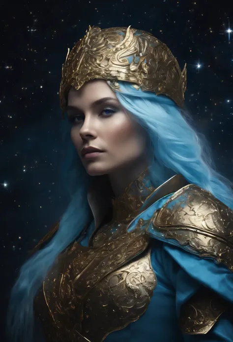 a stylized young caucasian woman warrior ((silhouette)) formed by bright stars. with straight long light blue messy hair. Straight hair. medieval golden ornate armor. Cosmic background.