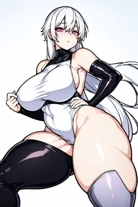 sissy boy with white hair, slim, big thighs, pink eyes, and a turtleneck dress bodysuit, long black stockings, with thick thighs and a curved waist
