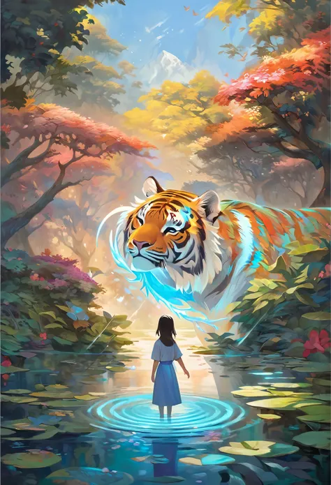 (​masterpiece, top-quality, Official art:1.2)Look at view, tiger and girl, Tiger painting, A flash of light runs, Colorful water levitation(2D:1.5),