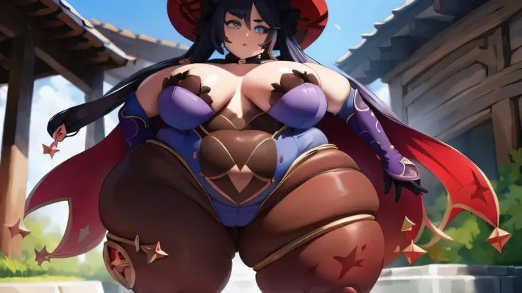 Impacto Mona Genshin, curved, muito gordo, (quadris largos:1.3), coxas enormes, grossas e macias, ssbbw, muito gordo flabby arms, Realistic lighting, alto detalhe, Qualidade HD, Rosto detalhado, sombreamento realista, rolos de gordura, tamanho enorme, giga...