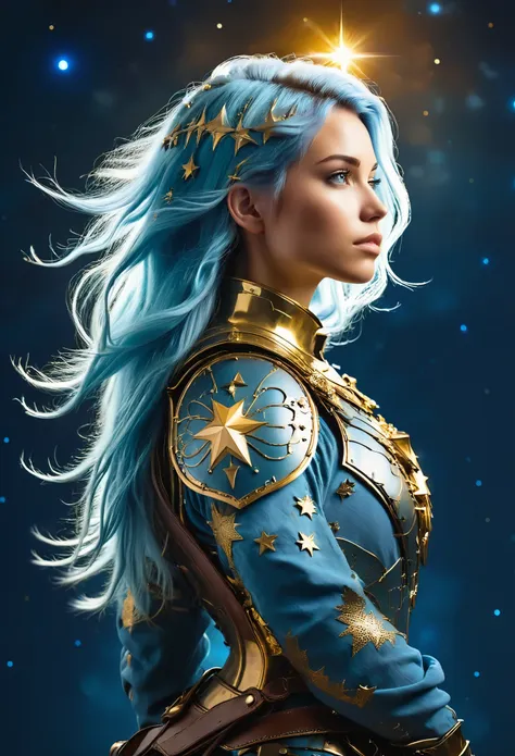 a stylized young caucasian woman warrior ((silhouette)) formed by bright stars. with straight long light blue messy hair. straig...