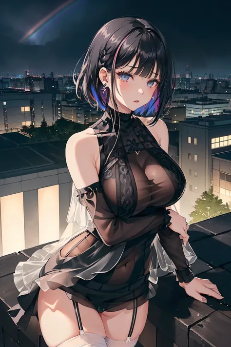 ((Rooftop of a building: 1,3)), ((Goth_punk, alone, Medium Shot, Walking the rooftops of Harajuku, ((night)), Blur, Neon Light, Rainbow Eyes, Starry Sky, Shiny black hair, White eyebrows, Shiny Hair, (Rainbow black hair), Earring, good, jewelry, Blunt bang...