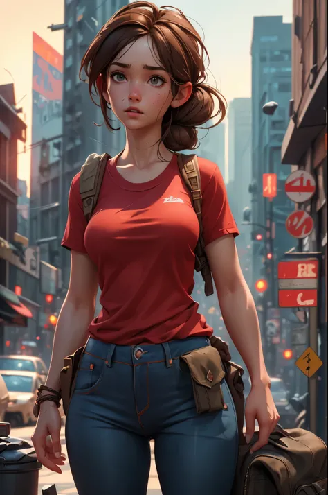 NSFW, Masterpiece, 1.4 Top Image 4K, Ellie The Last Of Us, Brown Hair, Red Shirt, Dark Blue Pants, Rendering In An Apocalyptic City, Showing Panties, Ultra Realistic, 4K Wallpaper, EnvyBetterHands LoCon.