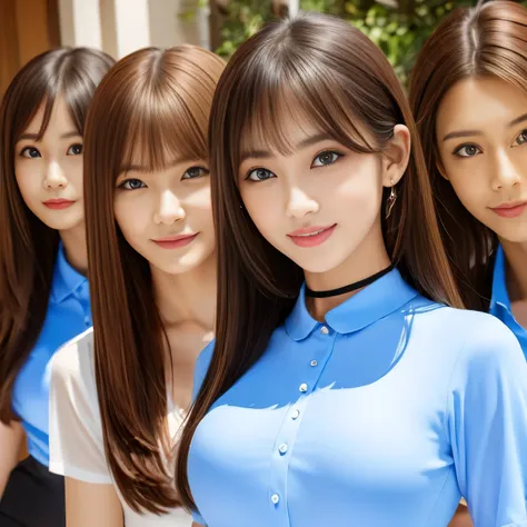 Group photo, Group photo, Very beautiful women, Highly detailed eyes, Highly detailed face, Sexy and highly detailed lips, Super detailed everything, Attractive woman, Black Choker, blue eyes, Very long eyelashes, bangs, Big Breasts, ((smile)), highest qu...