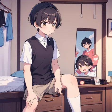 {{{1boy}}}, middle height, {{beautiful short black hair, mushroom hairstyle}}, teen, white short sleeve, {black sweatervest}, {beige shorts}, {white high knee socks}, {black loafers}, in a bedroom, perfect quality, shy