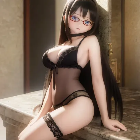 (Realistic:1.37), Vibrant colors, Very detailed, Physically Based Rendering, Tabletop, Expressive eyes, Perfect Face, Closed lips, barefoot, standing Akemi Homura, Black Hair, Indian Style, Black-rimmed glasses, Sexy Lingerie, Seductive posture, Ample brea...