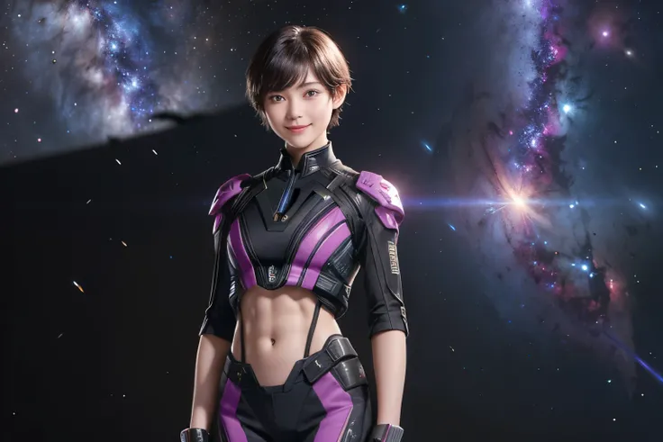 214 Short Hair, 20-year-old woman, A kind smile, Floral, Futuristic clothing, machinery suit, ((Clothes that show abs、Clothes with short sleeves)), (The background is a galaxy and nebula)