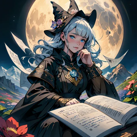 (masterpiece),(best quality), illustration, (fantasy:1.4), witch, cute detailed digital art, Pretty Face, Brown hair, hair, castle, Mountain, Dark long dress, A moon, Flowers , paper_cut