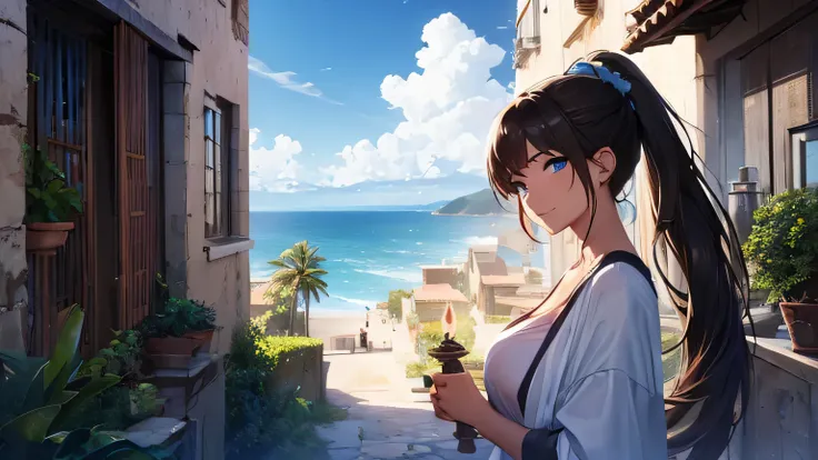 (8k, RAW foto, mejor calidad, (Obra maestra, super high quality, super detailed), anime style paisaje, chica joven, Absoluto, velas escarlatas, girl looking at the sea from the coast, camera looking at the sea, detalles intrincados, sailing ship with velas...