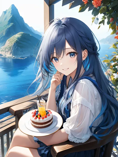 (looking away:1.2),(masterpiece:1.2), (best quality),(ultra detailed),(extremely detailed),(absolutely resolution) ,absurdres,8k, 1girl-drinking-fruits-juice, piece-of-cafe, sitting-on-the-chair, grin, cake, the-middle-of a-mountain, blue-coral-sea,  flowe...