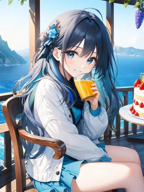 (looking away:1.2),(masterpiece:1.2), (best quality),(ultra detailed),(extremely detailed),(absolutely resolution) ,absurdres,8k, 1girl-drinking-fruits-juice, piece-of-cafe, sitting-on-the-chair, grin, cake, the-middle-of a-mountain, blue-coral-sea,  flowe...