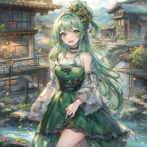 perfect anatomy, masterpiece:1.4, best highres, 16k, (the background is Hot Spring Town), ((background many hot spring with fog)) break,  
(wide-angle, frontale:1.2) (solo:1.3 ponytail green hair long hair cute girl), ((15 yo)), (cute closed eyes), ((beaut...