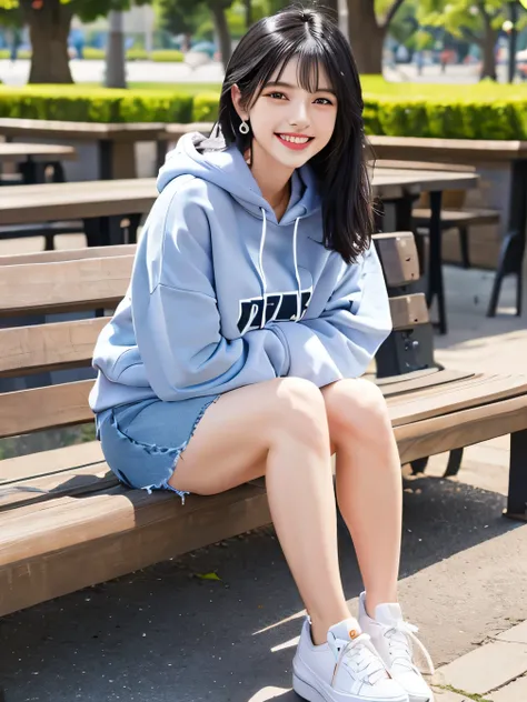 highest quality)), ((masterpiece)), (Get used to it), Perfect Face、((highest quality)), A neat and beautiful woman sitting on a park bench、hoodie、Skinny jeans、sneakers、Black Hair、smile、Beautiful teeth alignment、、Full body photo、ear piercing

