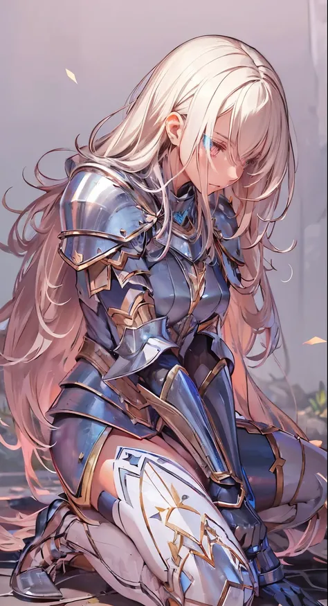 A girl, wearing a simple armor, shattered, armor is broken, simple broken sword, she is kneeling on the floor, she is sad, tears, ultra long hair, Long eyelashes, ultra detailed face, glowing lips, glowing eyes, campfield 