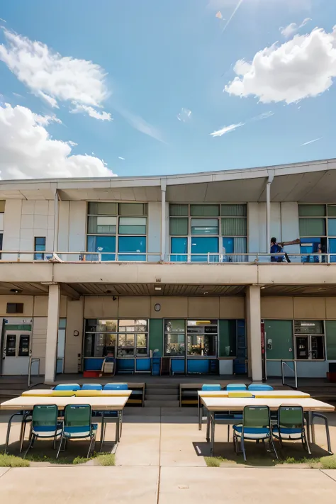 High school outdoor cafeteria, retro, cafeteria tables, 50s, sunny day, clouds, bright colors High school big building backgroung