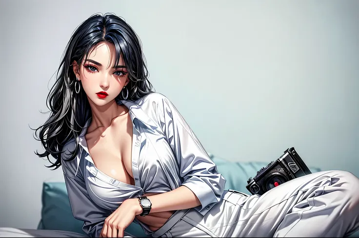 Top quality、Top image quality、Masterpiece、Teenage Girl((White shirt、Black trousers、18 years old、 Ajer、best bust、Big bast,black eyes, Blue Hair、A slender,Oyama Valley、Red lipstick makeup、Cute earrings、Silver Watch、Chest together、sit up、Create a captivating ...